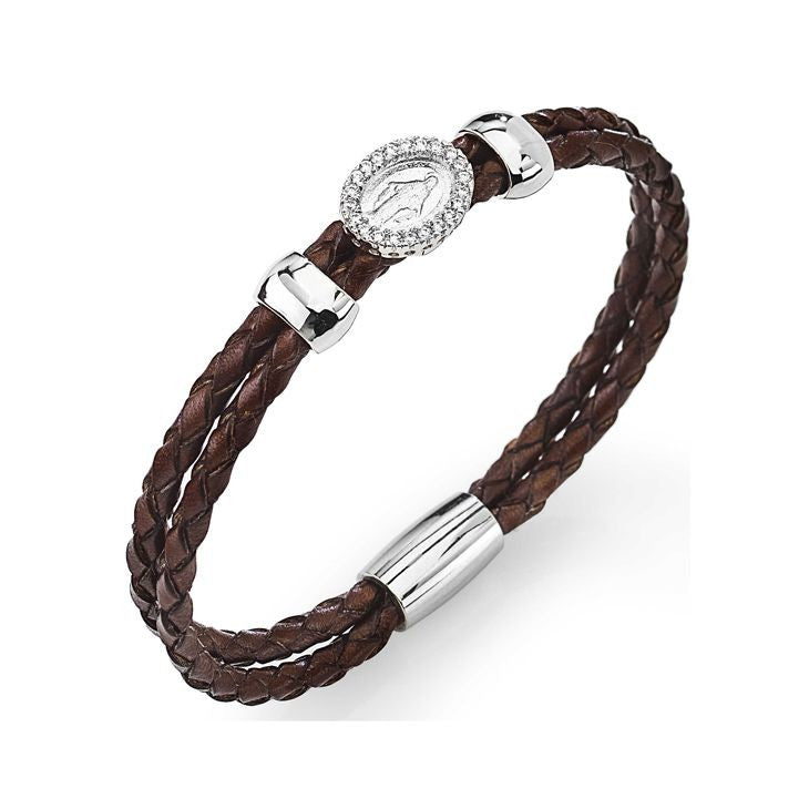 Bracciale AMEN in pelle intrecciata Madonna con zirconi