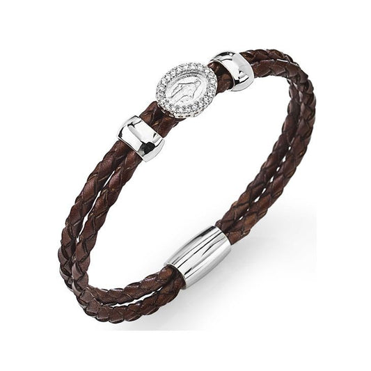 Bracciale AMEN in pelle intrecciata Madonna con zirconi
