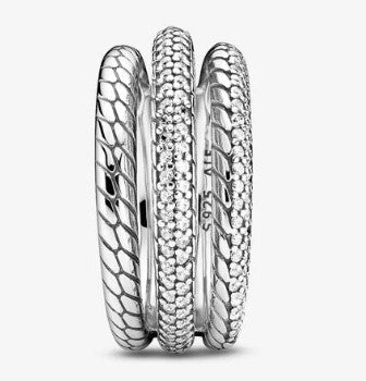 Anello PANDORA a tripla fascia con maglia snake e pavé - Biondo Gioielli