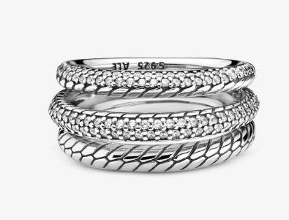 Anello PANDORA a tripla fascia con maglia snake e pavé - Biondo Gioielli